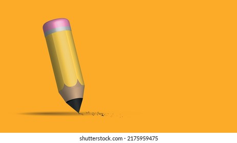 Yellow drawing pencil art design or education stationery equipment on creative color background with crayon paint writing object tool. 3D rendering.