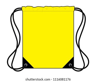 Yellow Drawstring Bag With Black Rope Design On White Background, Flat Lay, Vector File.