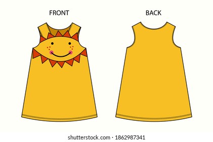 yellow dress for girl front and back view . dress girl isolated.