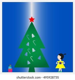 Yellow dress girl hold a gift box and look to chirstmas tree in happy new year event