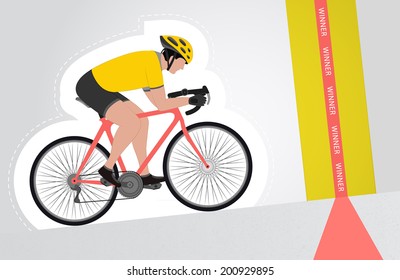 yellow dressed cyclist riding upwards to finish line vector isolated illustration