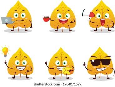 Yellow dried leaves cartoon character with various types of business emoticons. Vector illustration