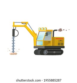 Yellow drilling tractor isolated on white background. Construction machinery flat vector illustration.