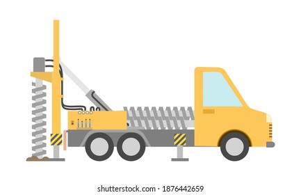 Yellow drilling truck in flat style. Special machine for the construction work. Isolated on white background. Vector illustration.