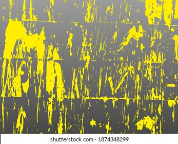 El amarillo gotea sobre fondo gris. Rasgos y salpicaduras que fluyen de la pintura en un viejo graffiti vectorial abstracto de pared.