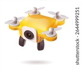 A yellow drone equipped with a camera is currently flying high in the air in the style of 3D realism, cartoon design, 3D plastic with glossy highlights