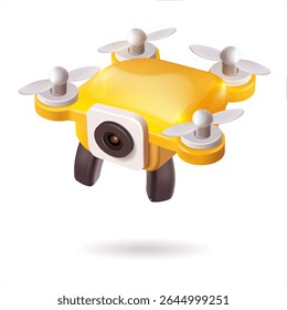 A yellow drone equipped with a camera is currently flying high in the air in the style of 3D realism, cartoon design, 3D plastic with glossy highlights