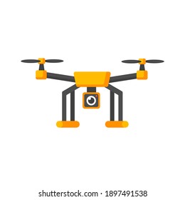 Dron amarillo, icono aislado en fondo blanco. Quadcopter con cámara. Entrega de conceptos, seguridad, fotografía o videovigilancia. Dibujo plano. Ilustración vectorial.