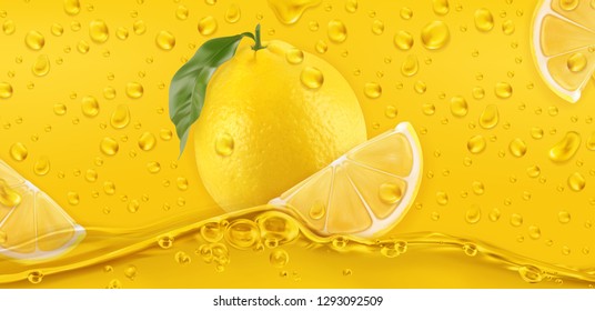 Yellow drops. Lemon. 3d realistic vector