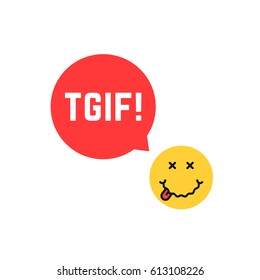 yellow drunk emoji tgif logo like thank god it is friday. concept of expression of happiness on the face or funny emoticon with red ad emblem. flat style trend modern graphic unusual design on white