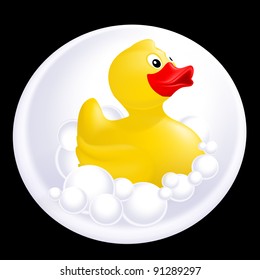 Yellow duck in bubble on black background