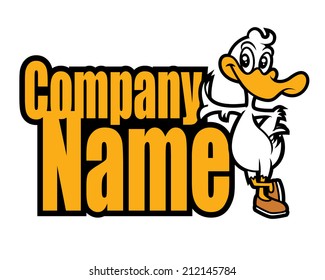 Diseño de caracteres de pato amarillo con nombre de empresa