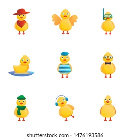 Yellow duck character icon set. Cartoon set of 9 yellow duck character vector icons for web design isolated on white background