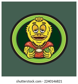 Yellow Duck With Circle Logo and Weed. Vector and Illustration