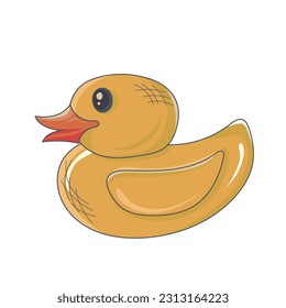 yellow duck cute toy isolated on white background. traditional bathing toy. Greeting sweet postcard. Vector illustration. Hand drawn