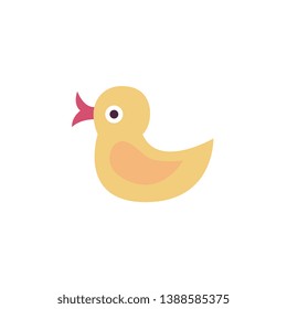 Yellow duck or duckling with red beak in flat style, vector illustration isolated on white background. Children rubber floating toy for playing in bathtub, kids bath toy