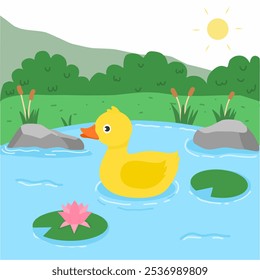 
A yellow duck is floating in a pond. The pond is surrounded by green grass, rocks, and trees. There is a pink lily pad and a bright sun 