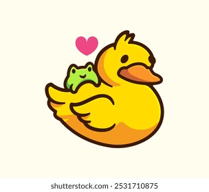 Yellow Duck with Frog Companion and Heart, Cute Cartoon Vector Illustration