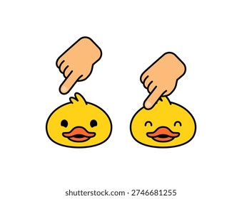 Yellow duck head cartoon set showing hand pressing gesture with different facial expressions. Flat colorful illustration perfect for emotion concept, stress relief, reaction sticker, kids design