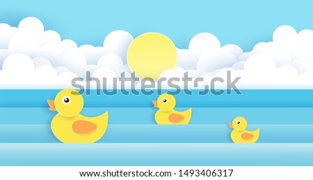 yellow duck and her babies in the river . paper cut and craft style . 