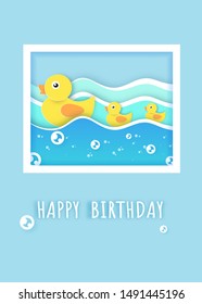 A yellow duck and her babies swimming in the river for greeting card , birthday card .  paper cut and craft style 