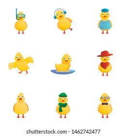 Yellow duck icon set. Cartoon set of 9 yellow duck vector icons for web design isolated on white background