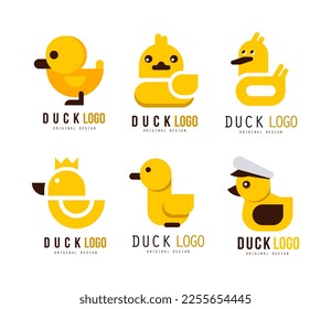 Logo-Design der gelben Ente mit Spielzeug-Gummi Duckling-Vektorset