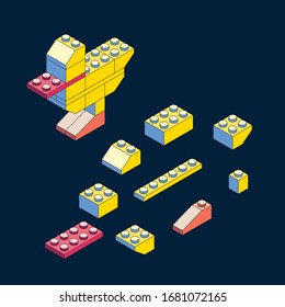 Yellow duck made of blocks. Isometric constructor. Blocks and elements to create funny figures. Flat design.