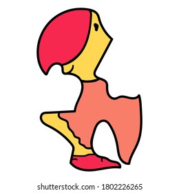 Yellow duck in a red hat, orange jacket and red shoes. The bird is isolated on a white background. 