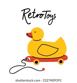 Yellow duck. Retro toys. Vector illustrations for create unique t-shirt, cup or bag design, house poster, wallpaper, textiles, apparel or postcards. Nostalgic card.