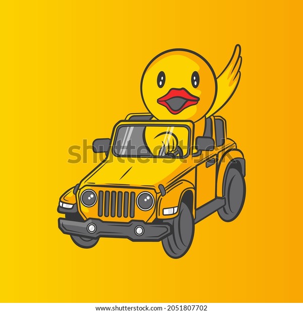 YELLOW DUCK RIDING A YELLOW\
CAR