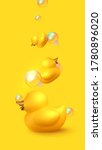 Yellow duck rubber. Background Realistic 3d duck with soap bubbles, toy for bath procedure. Vector illustration