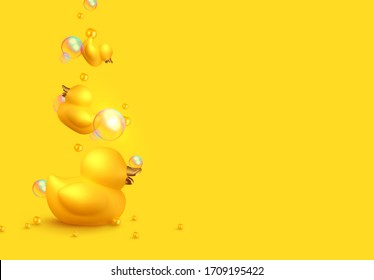 Yellow duck rubber. Background Realistic 3d duck with soap bubbles, toy for bath procedure. Vector illustration