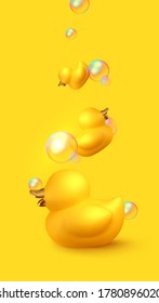 Yellow duck rubber. Background Realistic 3d duck with soap bubbles, toy for bath procedure. Vector illustration