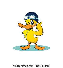 Yellow Duck Swim Mascot. Happy duck cartoon. Cartoon duck. Isolated object for design element. Vector illustration of a little cartoon duck for design element