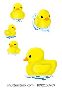 Yellow duck swimming illustration on white background. Perfect for art, postcards, cards, wall decor, t-shirts, cards, prints, drawing books,ect.