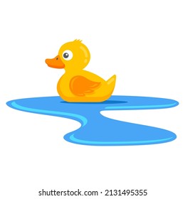 yellow duck swims in a puddle. baby bird swims in the river. flat vector illustration.