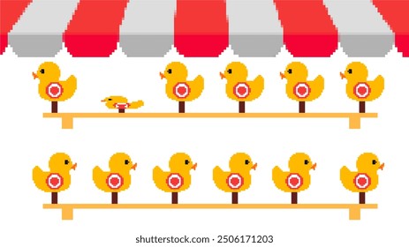 Blanco de pato amarillo, divertida ilustración de pato de tiro. Ilustración vectorial de arte de píxeles.