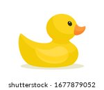 Yellow duck toy. Inflatable rubber duck. Vector illustration, flat design element, cartoon style, isolated on white background, side view.