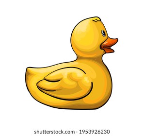 Yellow duck toy. Inflatable rubber duck from a splash of watercolor, colored drawing, realistic. Vector illustration of paints