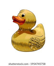 Juguete de pato amarillo. Pato inflable de caucho a partir de una salpicadura de acuarela, dibujo coloreado, realista. Ilustración vectorial de pinturas