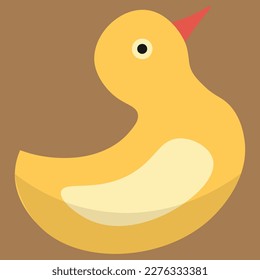 Yellow duck toy. Inflatable rubber duck. Vector illustration, flat design element, cartoon style, isolated on biege background, side view.
