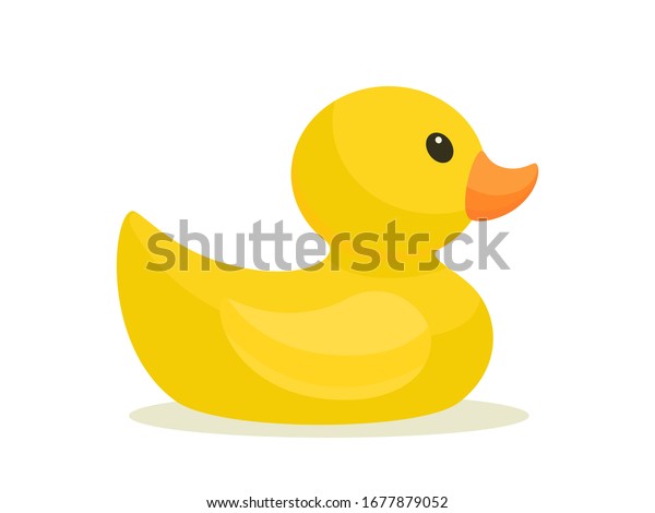 Yellow duck toy. Inflatable rubber duck. Vector\
illustration, flat design element, cartoon style, isolated on white\
background, side view.