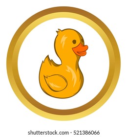 Yellow duck toy vector icon in golden circle, cartoon style isolated on white background