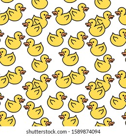Yellow duckies bath toy. Doodle style seamless background.