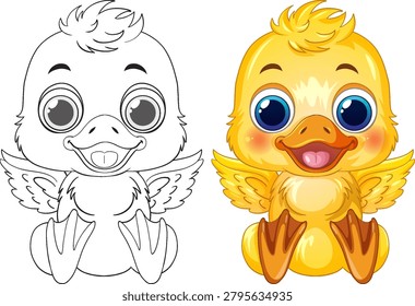 Yellow duckling character presented in full color and black and white line art styles.