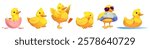 Yellow duckling characters - newborn in pink eggshell, dancing baby bird, swimming duck on water, sleeping and sitting, cool in sunglasses and inflatable ring. Cute cartoon childish mascot set.