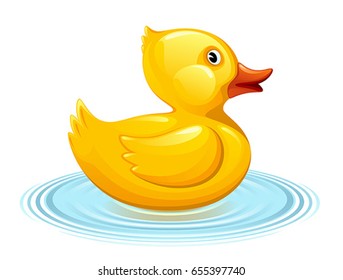 Yellow duckling on the water on a white background