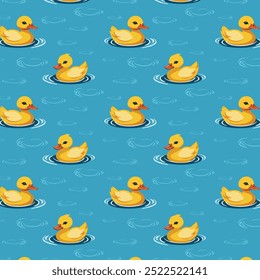 Yellow ducklings on the water.Vector seamless pattern with floating yellow ducklings on a blue background.