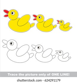 Yellow ducks to be traced only of one line, the tracing educational game to preschool kids with easy game level, the colorful and colorless version.